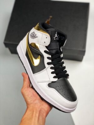 AJ Jordan 1 Mid White/Black-Metallic Gold DC1419-700
